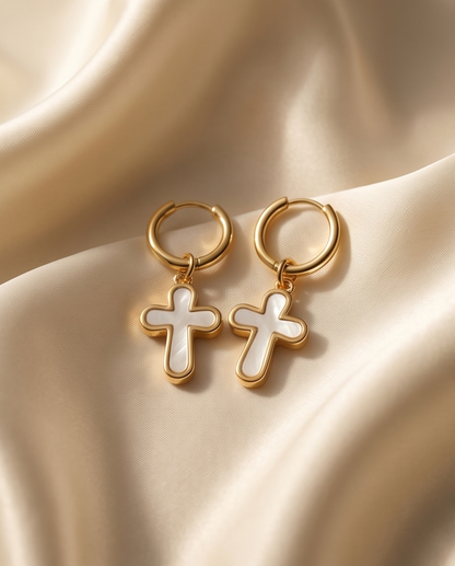 The Soft Faith Hoops | Mother of Pearl Cross Huggie Earrings | Gold