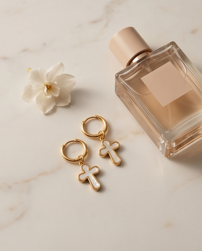 The Soft Faith Hoops | Mother of Pearl Cross Huggie Earrings | Gold