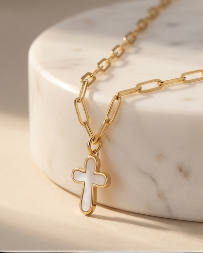 The Soft Faith Necklace | Mother of Pearl Cross | Gold Paperclip Chain