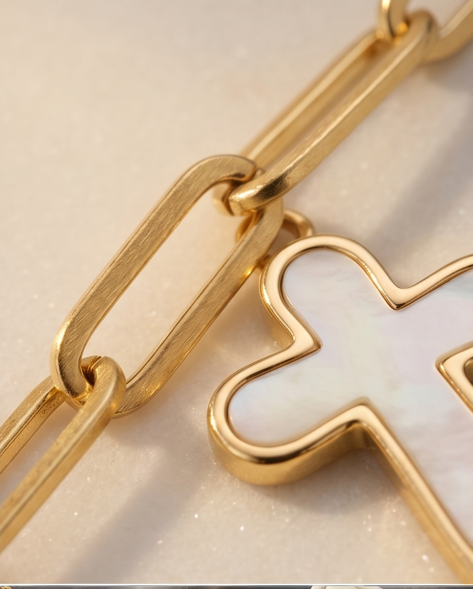 The Soft Faith Necklace | Mother of Pearl Cross | Gold Paperclip Chain