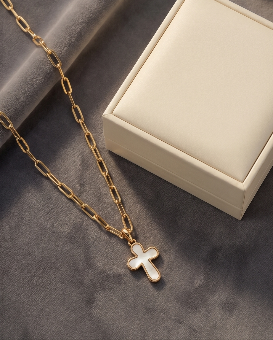 The Soft Faith Necklace | Mother of Pearl Cross | Gold Paperclip Chain