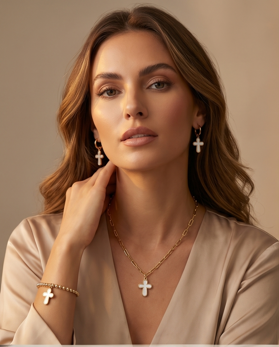 The Soft Faith Hoops | Mother of Pearl Cross Huggie Earrings | Gold