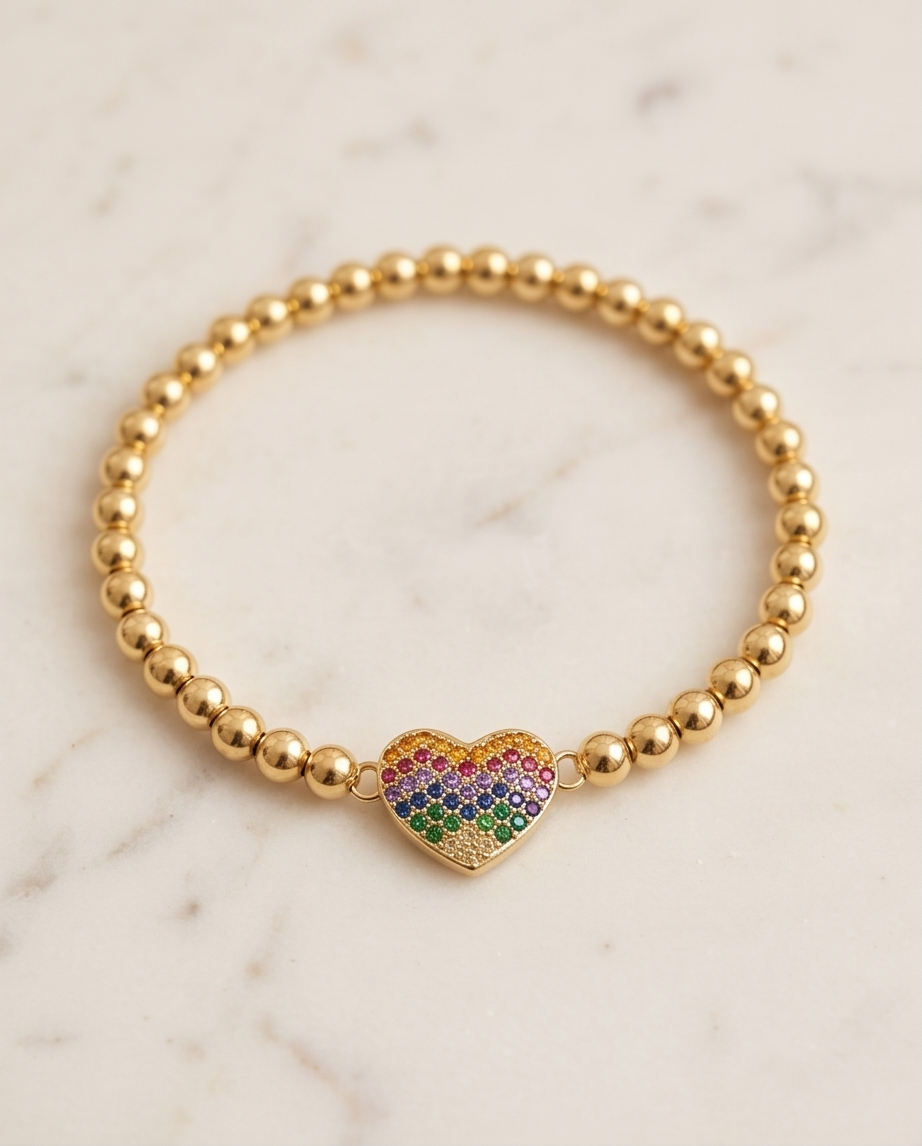 Rainbow Heart Flat Charm Stretch Bracelet | 14k Gold Plated