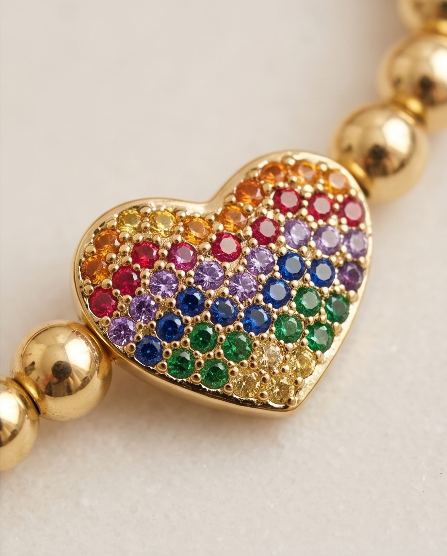 Rainbow Heart Flat Charm Stretch Bracelet | 14k Gold Plated