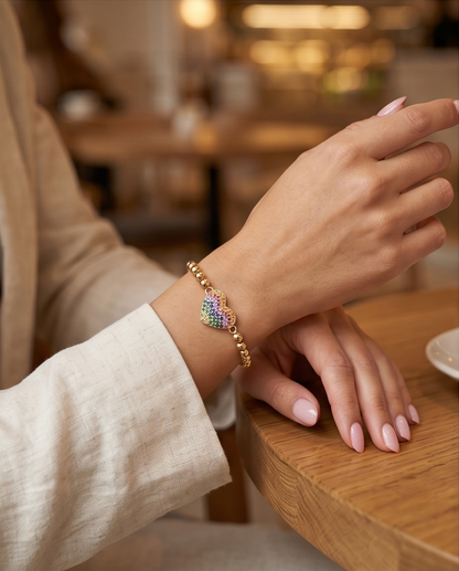 Rainbow Heart Flat Charm Stretch Bracelet | 14k Gold Plated