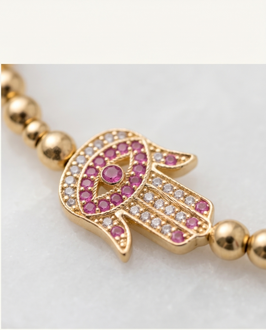Close up of Rose Hamsa charm with pink and white CZ stones — Stacked by Jayneebell