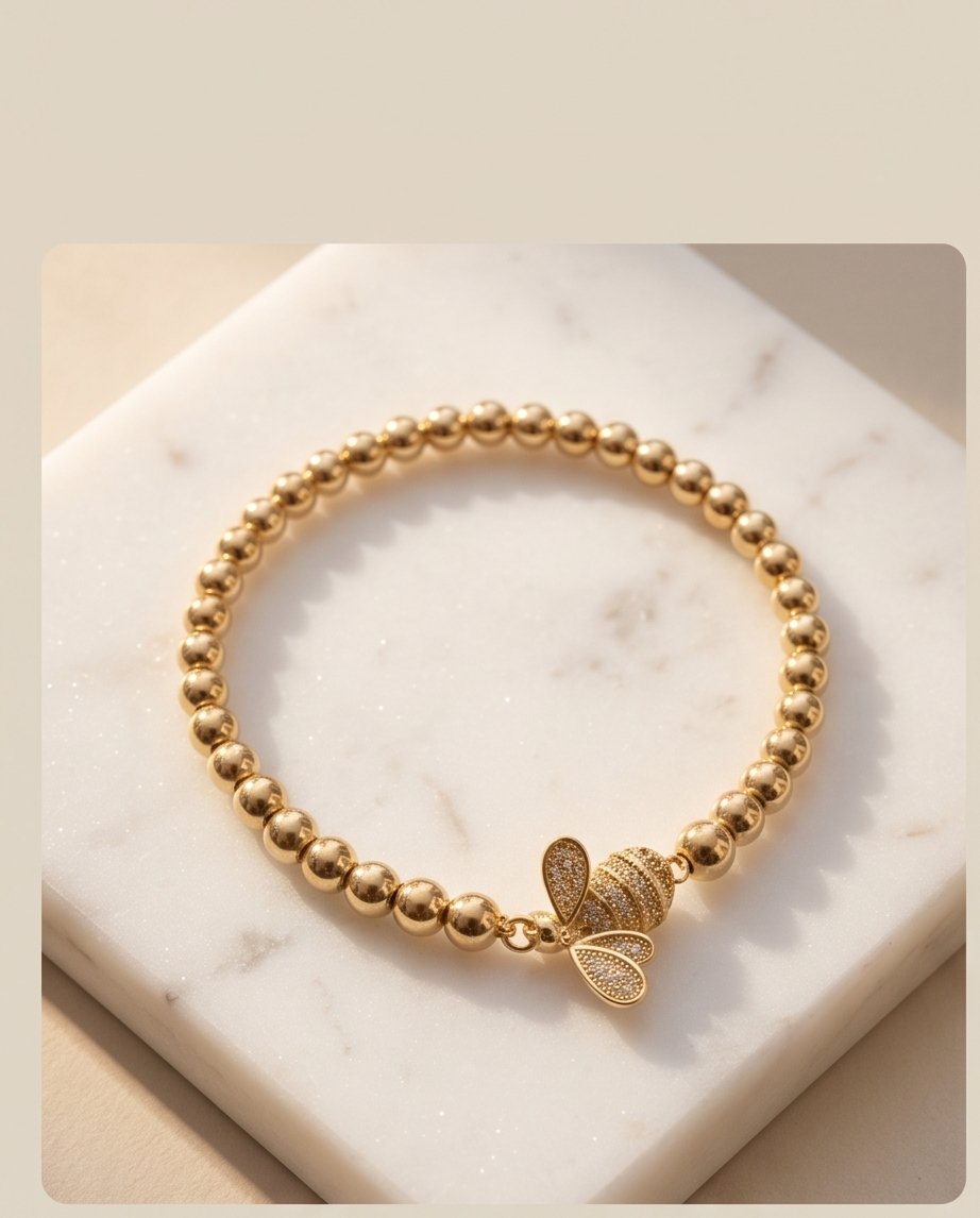 Signature Bee Flat Charm Stretch Bracelet | 14k Gold Plated