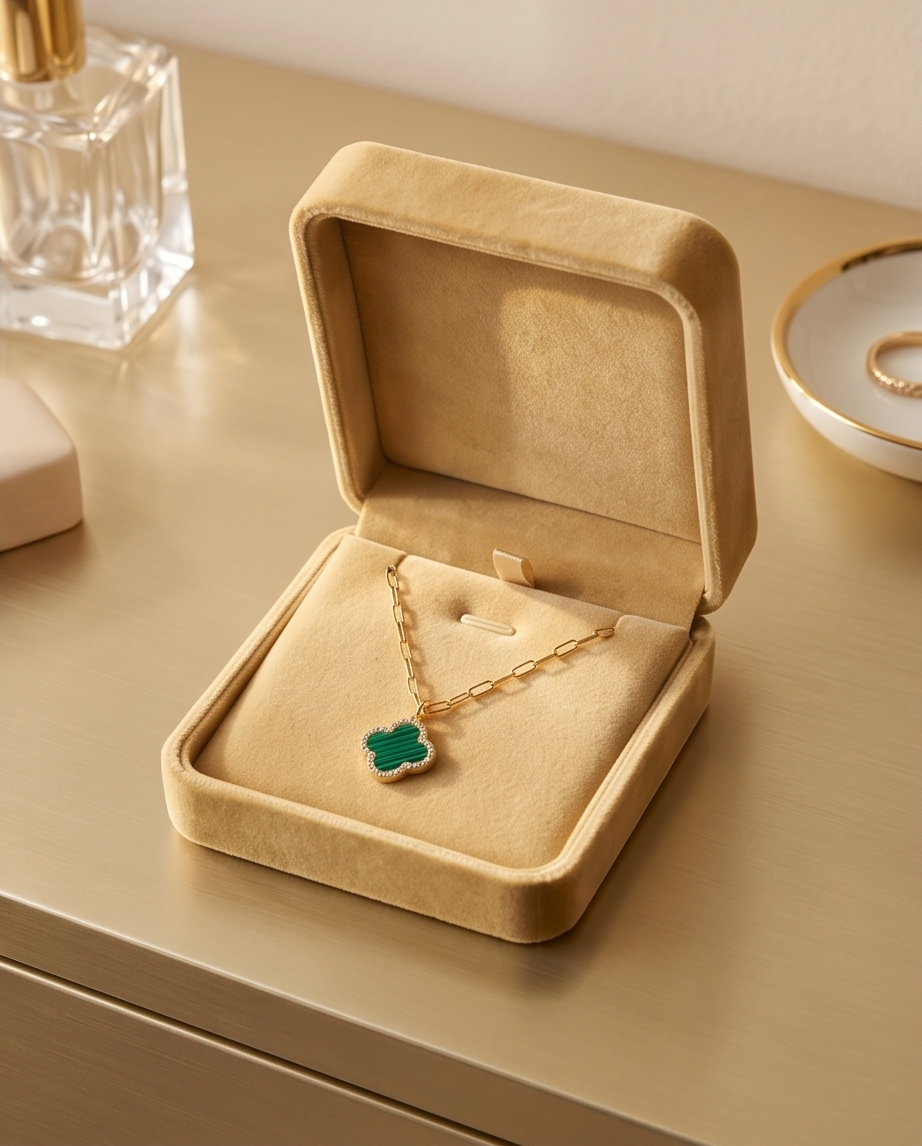 The Emerald Van Clover Necklace | Malachite + Pavé | 14k Gold Filled