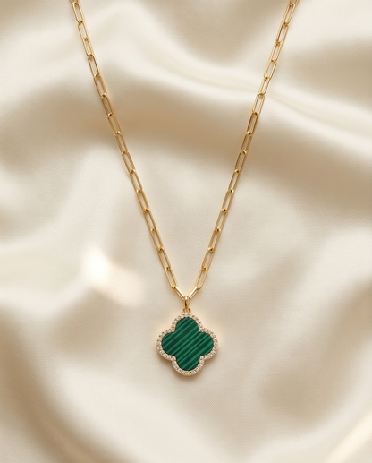 The Emerald Van Clover Necklace | Malachite + Pavé | 14k Gold Filled