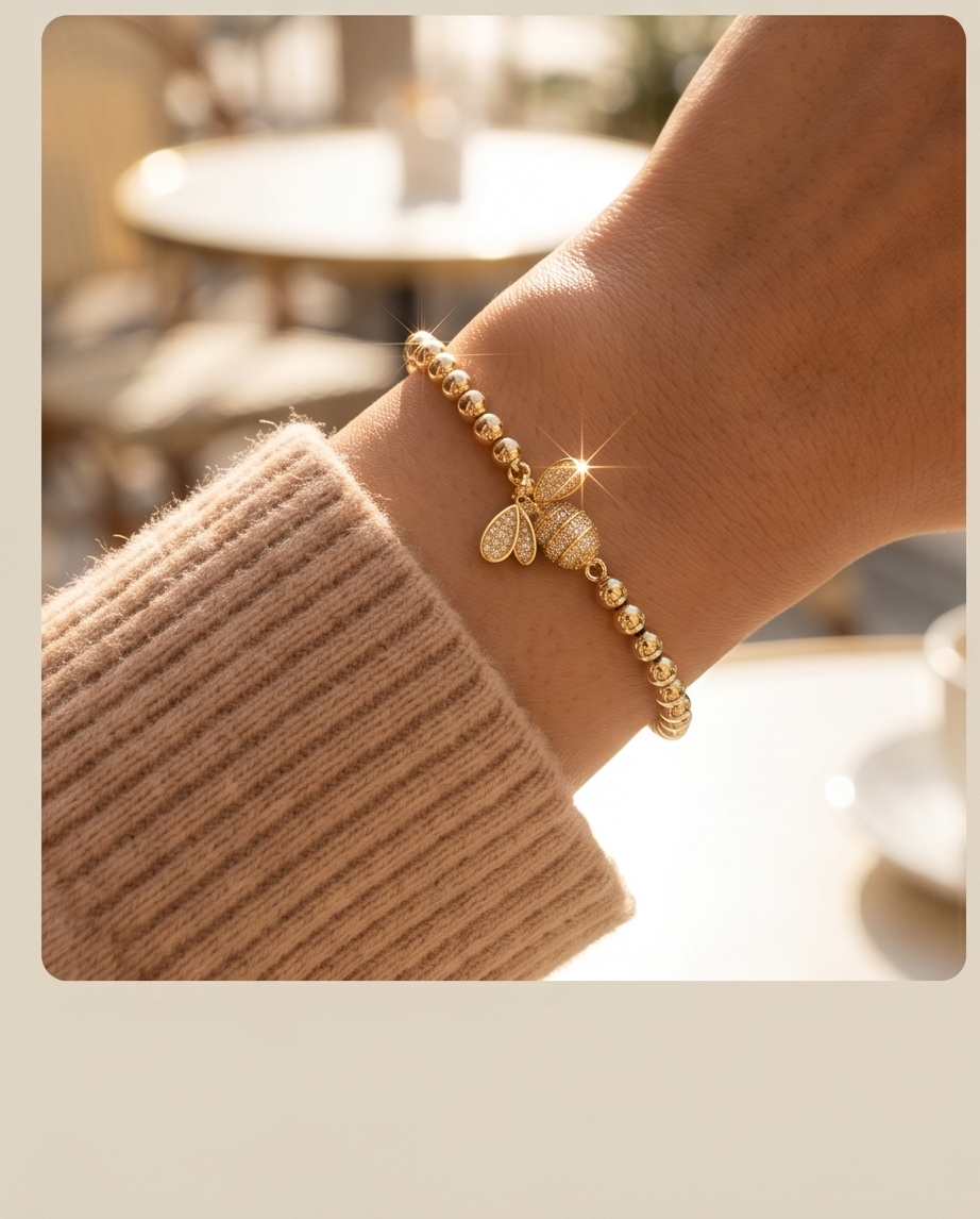 Signature Bee Flat Charm Stretch Bracelet | 14k Gold Plated