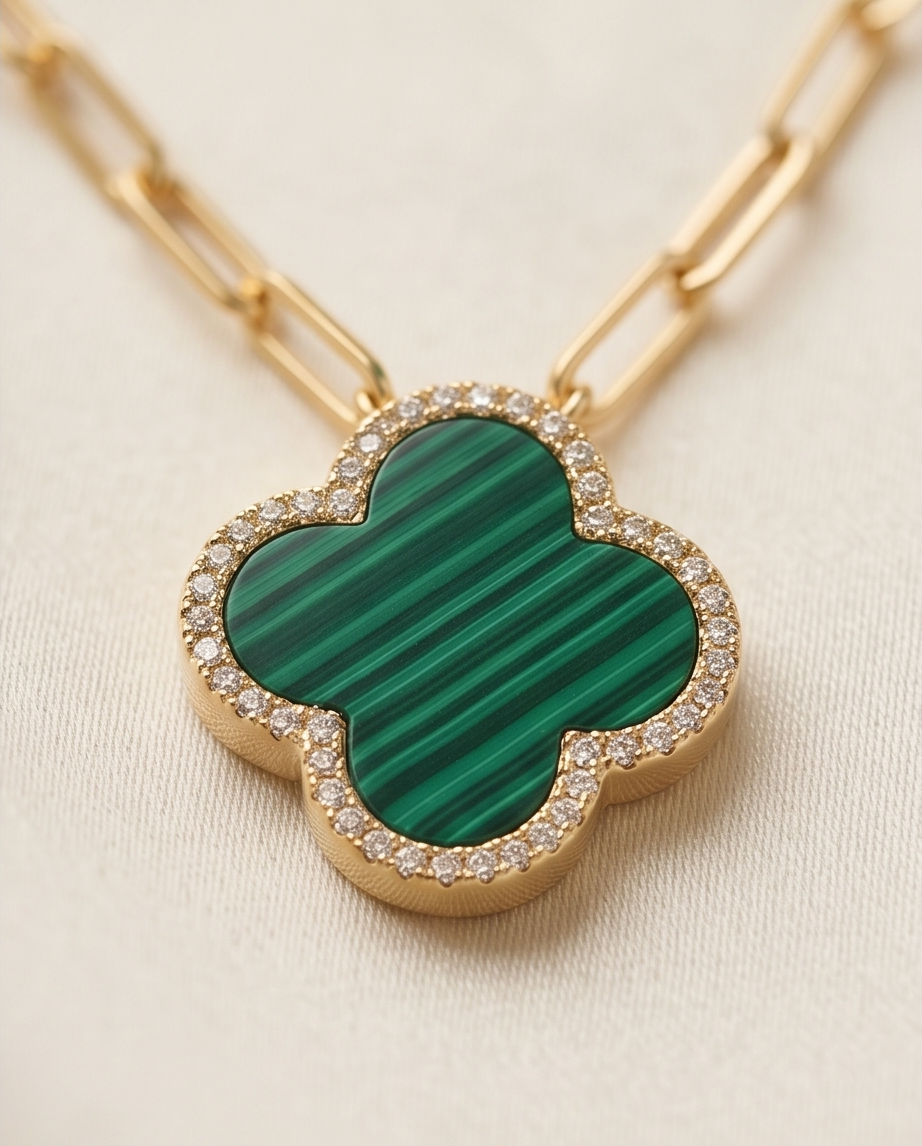 The Emerald Van Clover Necklace | Malachite + Pavé | 14k Gold Filled