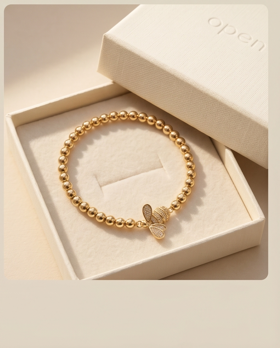 Signature Bee Flat Charm Stretch Bracelet | 14k Gold Plated