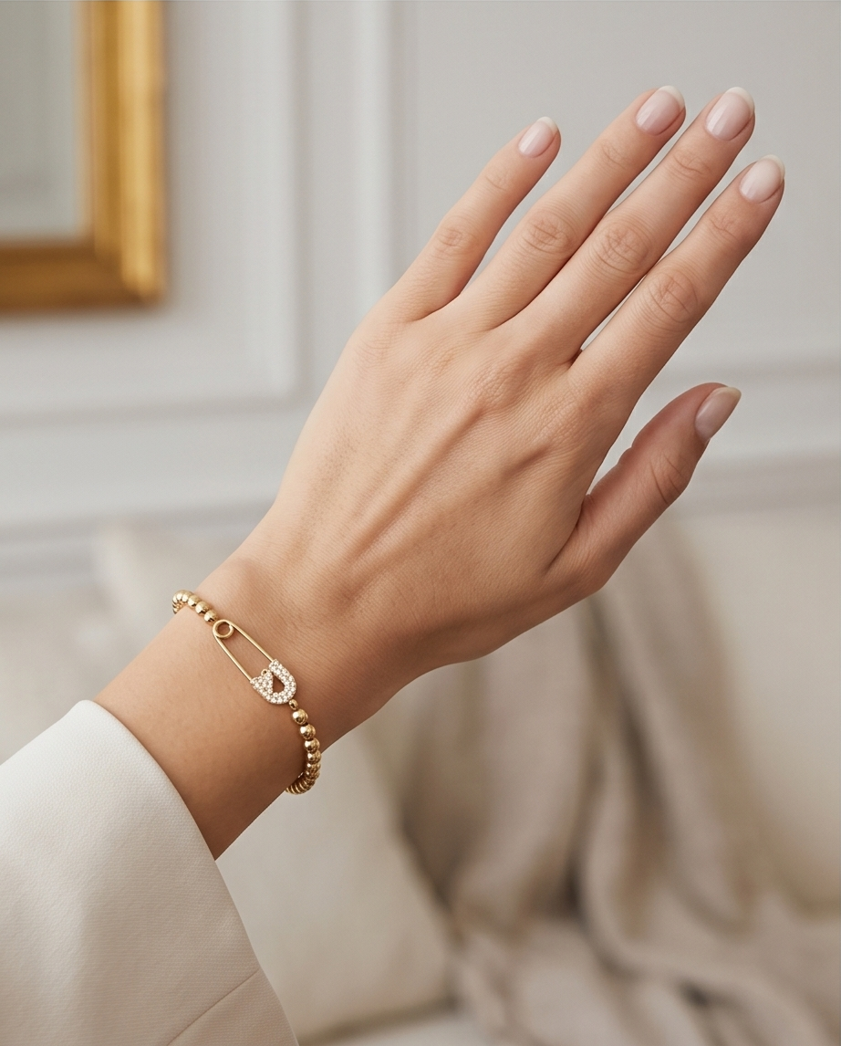 Safety Pin Flat Charm Stretch Bracelet | 14k Gold Plated