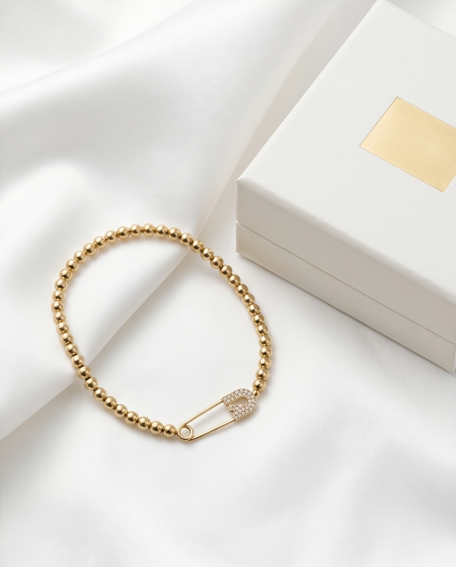 Safety Pin Flat Charm Stretch Bracelet | 14k Gold Plated