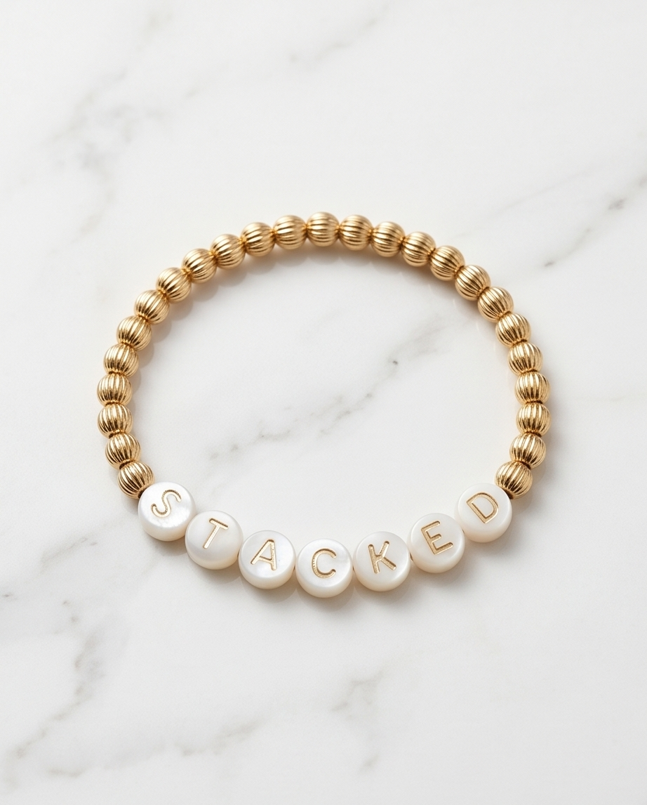 Mother of pearl letter bracelet with gold ribbed beads on marble — Just Sayin&