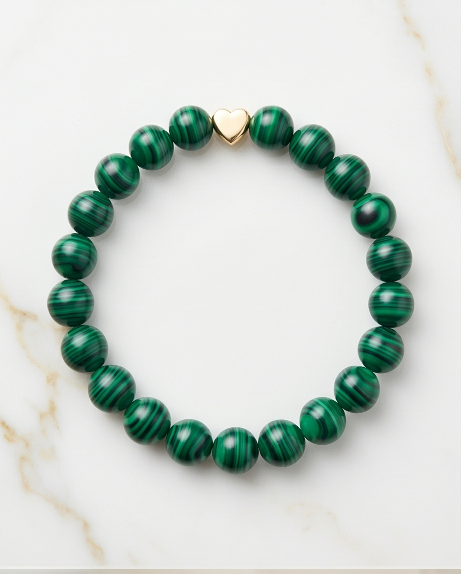 The Aligned Bracelet | Malachite + Gold Heart | 8mm