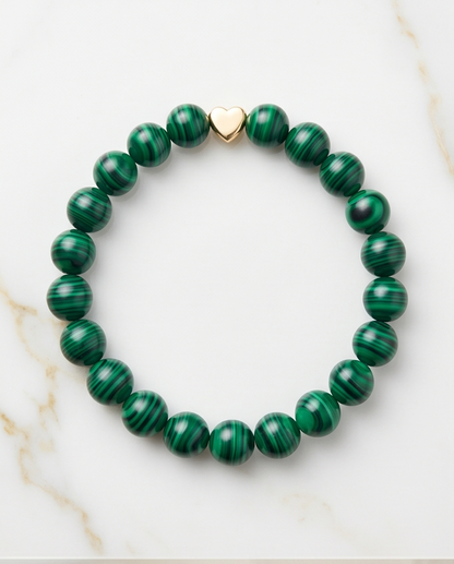 The Aligned Bracelet | Malachite + Gold Heart | 8mm