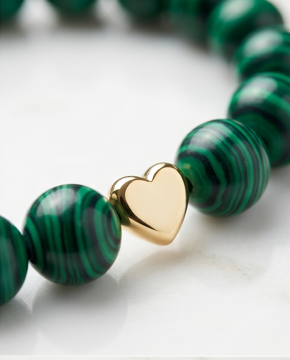The Aligned Bracelet | Malachite + Gold Heart | 8mm